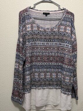 Kiara blue multi lightweight long sleeve pullover with layered look, XXL
